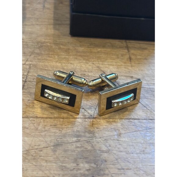 Vintage Gold-Tone Rectangular Cufflinks With Rhinestone & Black Enamel Detailing - Picture 1 of 6